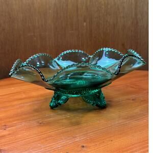 Vintage Green Glass Footed Bowl with Beaded Edge - 10"